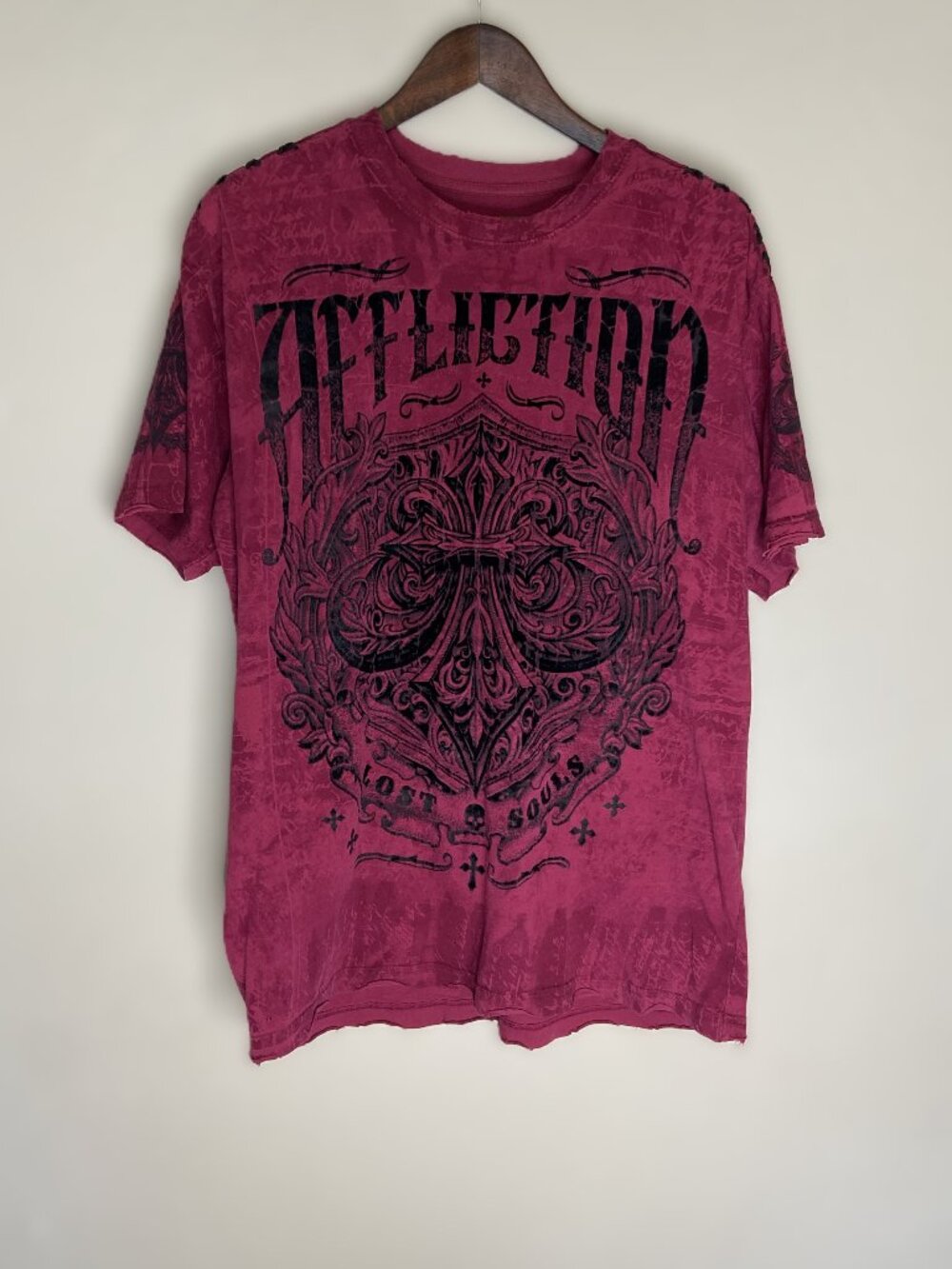 AFFLICTION tee vintage velvety print criss cross braid shoulder USA made XXL RED